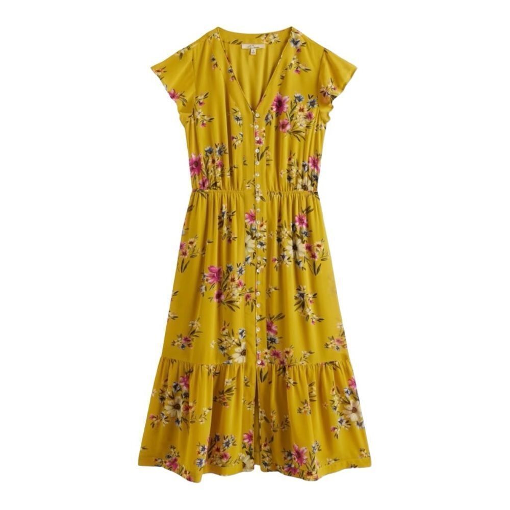 Vibrant‎ Yellow Floral Midi Dress V-Neck Button-Front Summer Casual Boho Chic